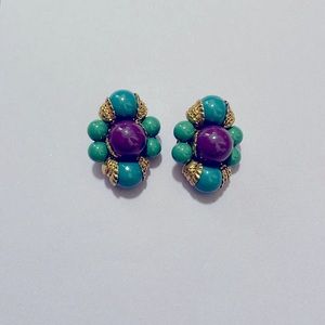 Vintage Cluster Blue Beads Clip On Earrings